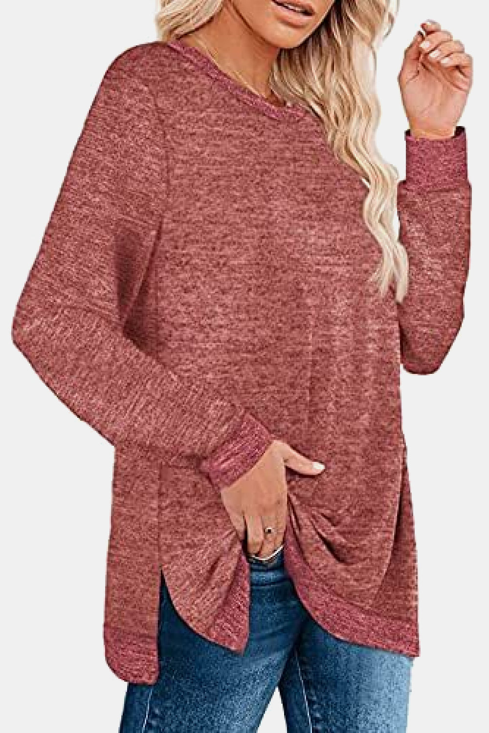 Full Size Round Neck Long Sleeve Slit T-Shirt