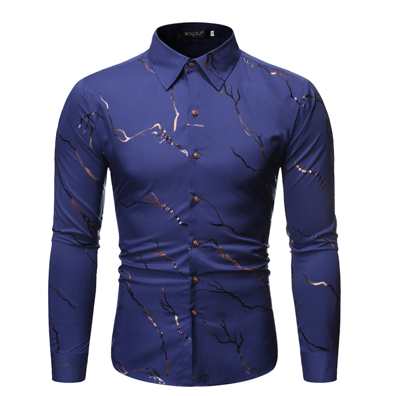 Men's Full Size Stand Collar Line Foil Print Long Sleeve Shirt
