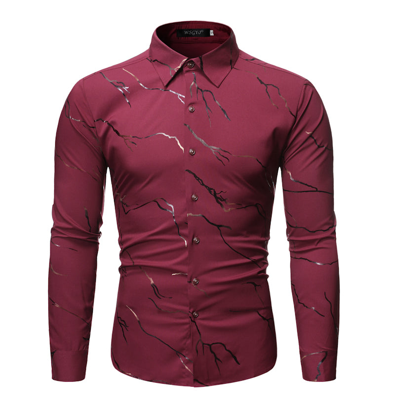Men's Full Size Stand Collar Line Foil Print Long Sleeve Shirt