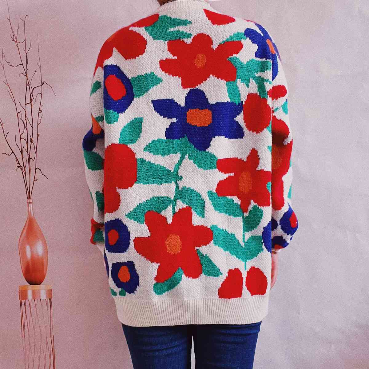 Floral Print Round Neck Drop Shoulder Sweater