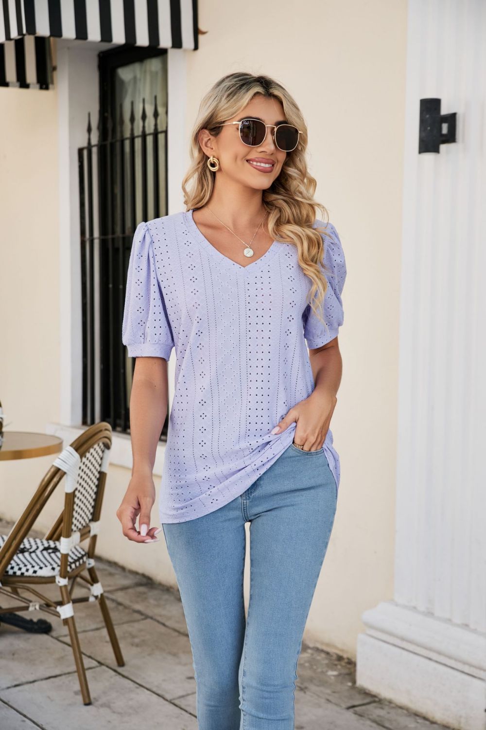 Full Size Eyelet Puff Sleeve V-Neck Top