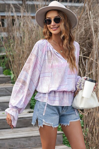 BeyondeBeauty Lavender Printed Tie Neck Flounce Sleeve Blouse