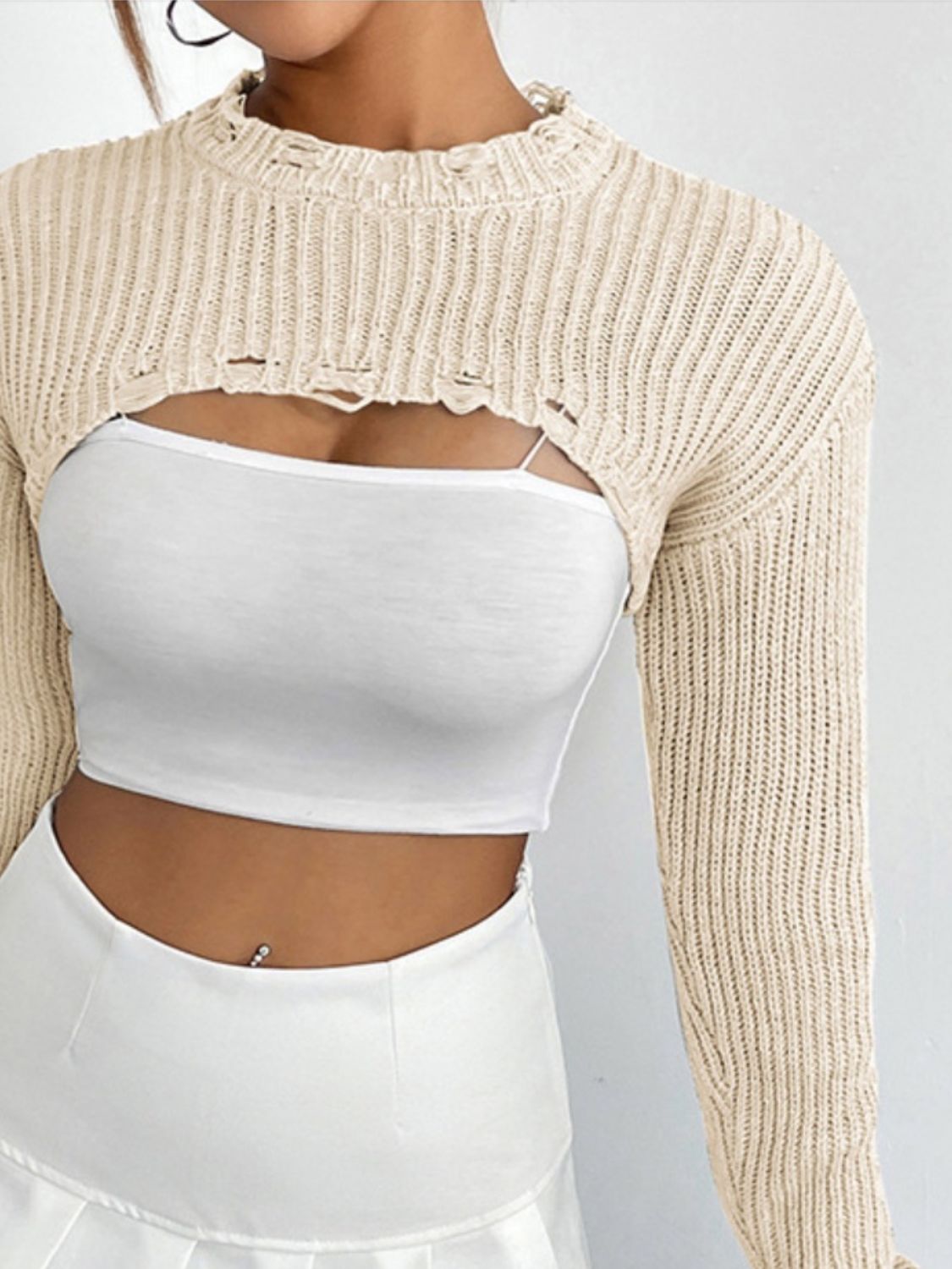 Full Size Distressed Long Sleeve Cropped Sweater