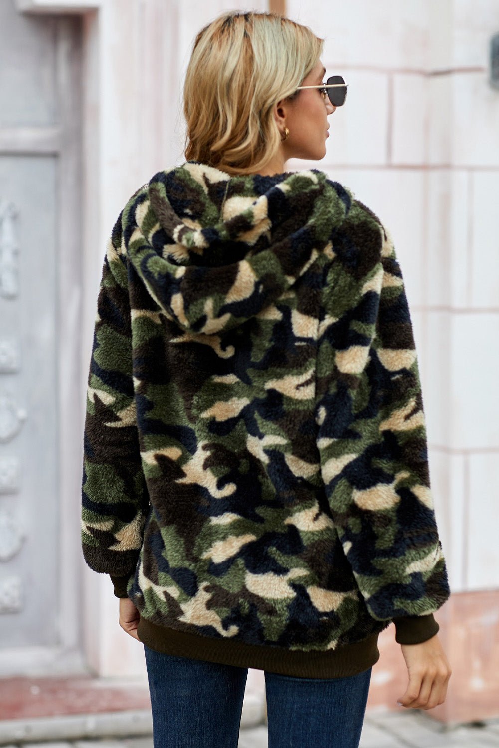 Women's Full Size Camouflage Half Zip Fuzzy Hoodie