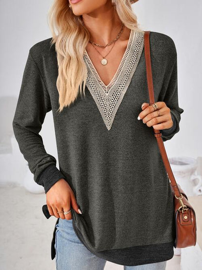 Crochet Contrast V-Neck Long Sleeve Slit T-Shirt