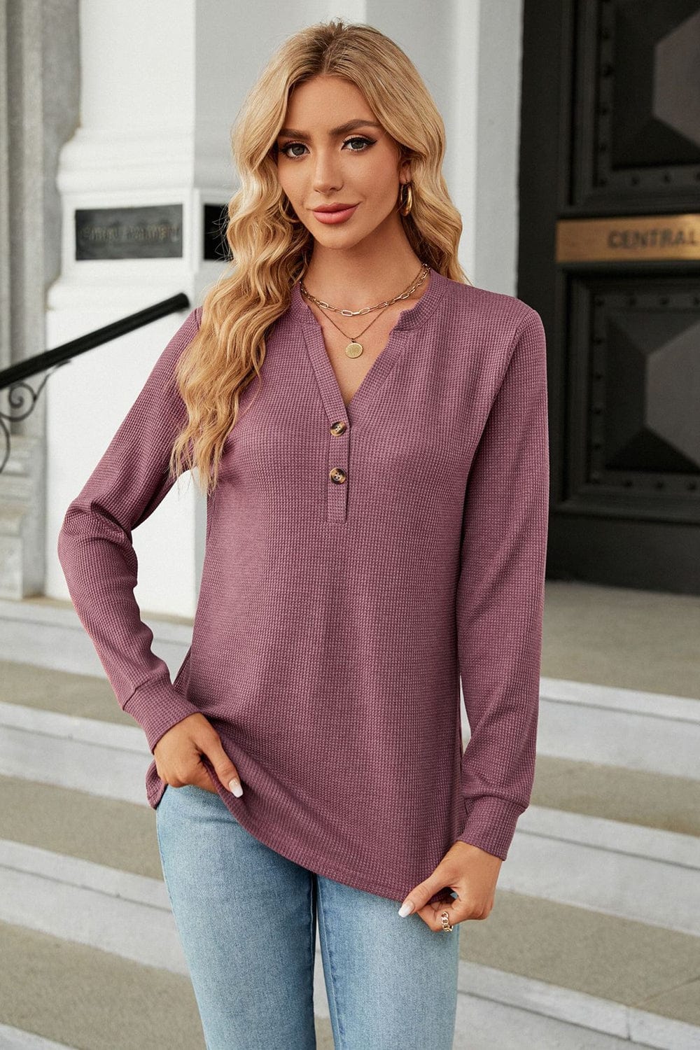 Full Size V-Neck Long Sleeve Blouse