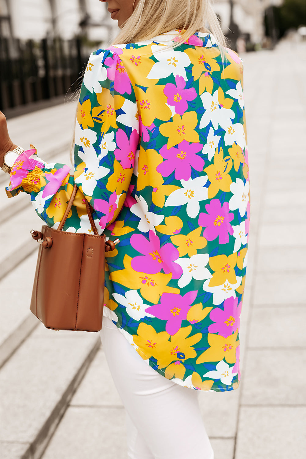 Beauteous Floral Print Notched Neck Lantern Sleeve Blouse