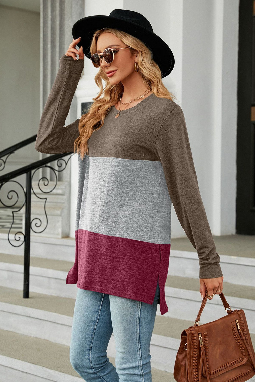 Full Size Color Block Round Neck Long Sleeve Slit T-Shirt