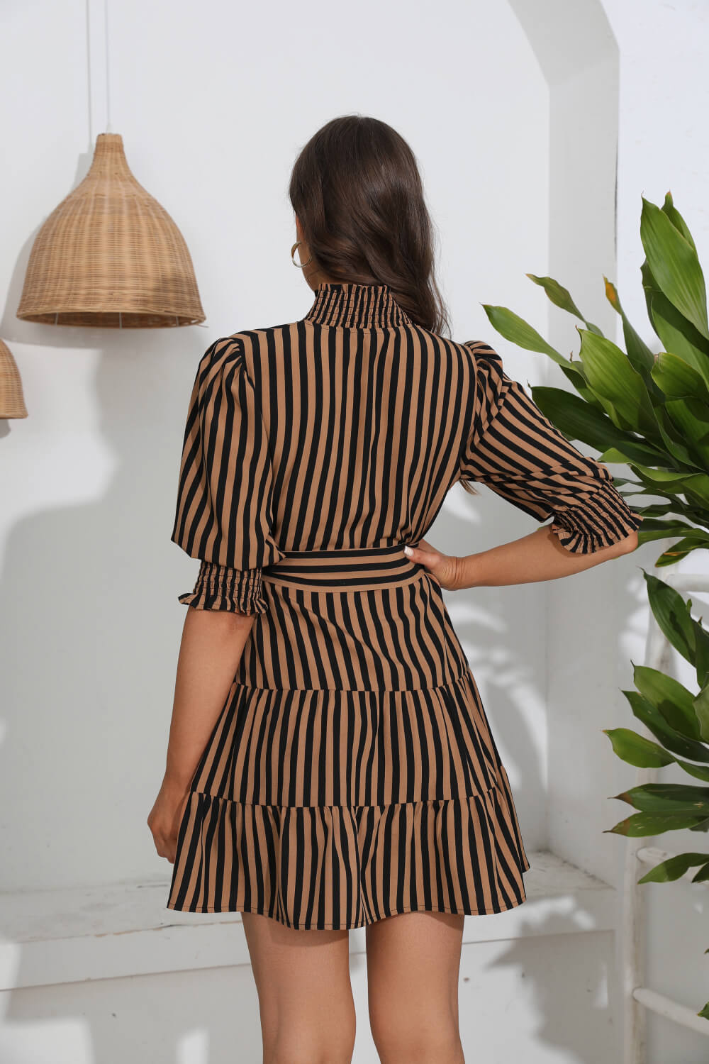 Stand Out Striped Tie Belt Tiered Mini Dress