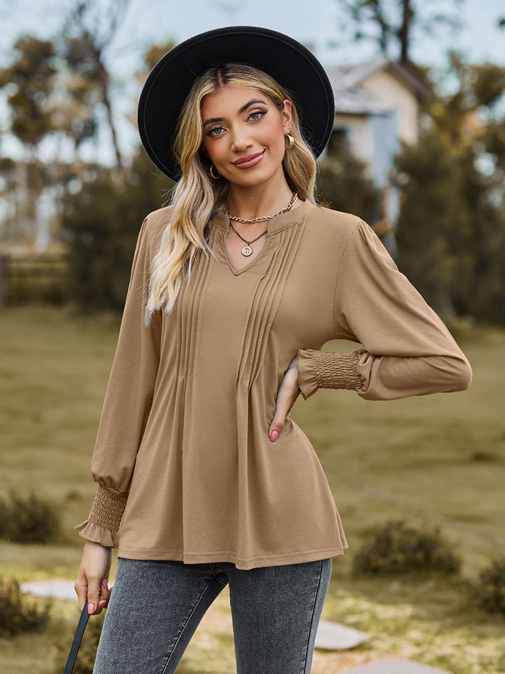 Full Size Notched Neck Flounce Sleeve Blouse