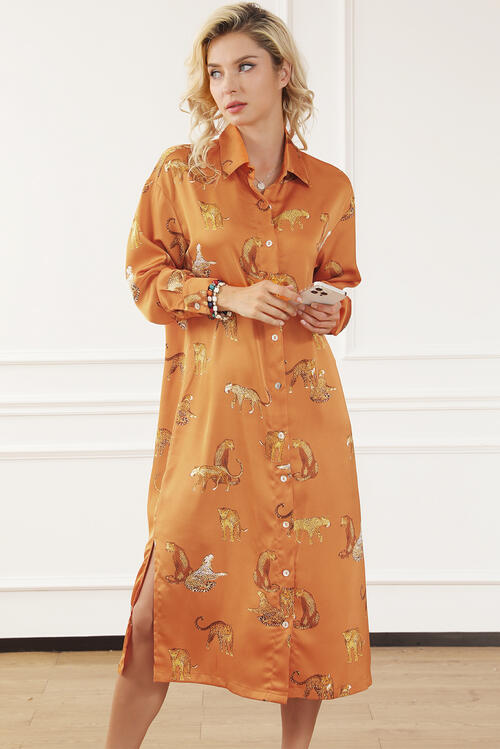 Animal Pattern Long Sleeve Slit Shirt Pumpkin Orange Dress