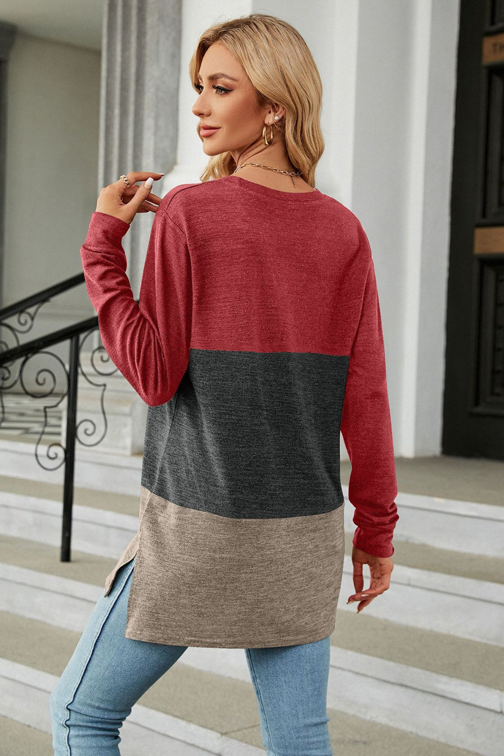 Full Size Color Block Round Neck Long Sleeve Slit T-Shirt