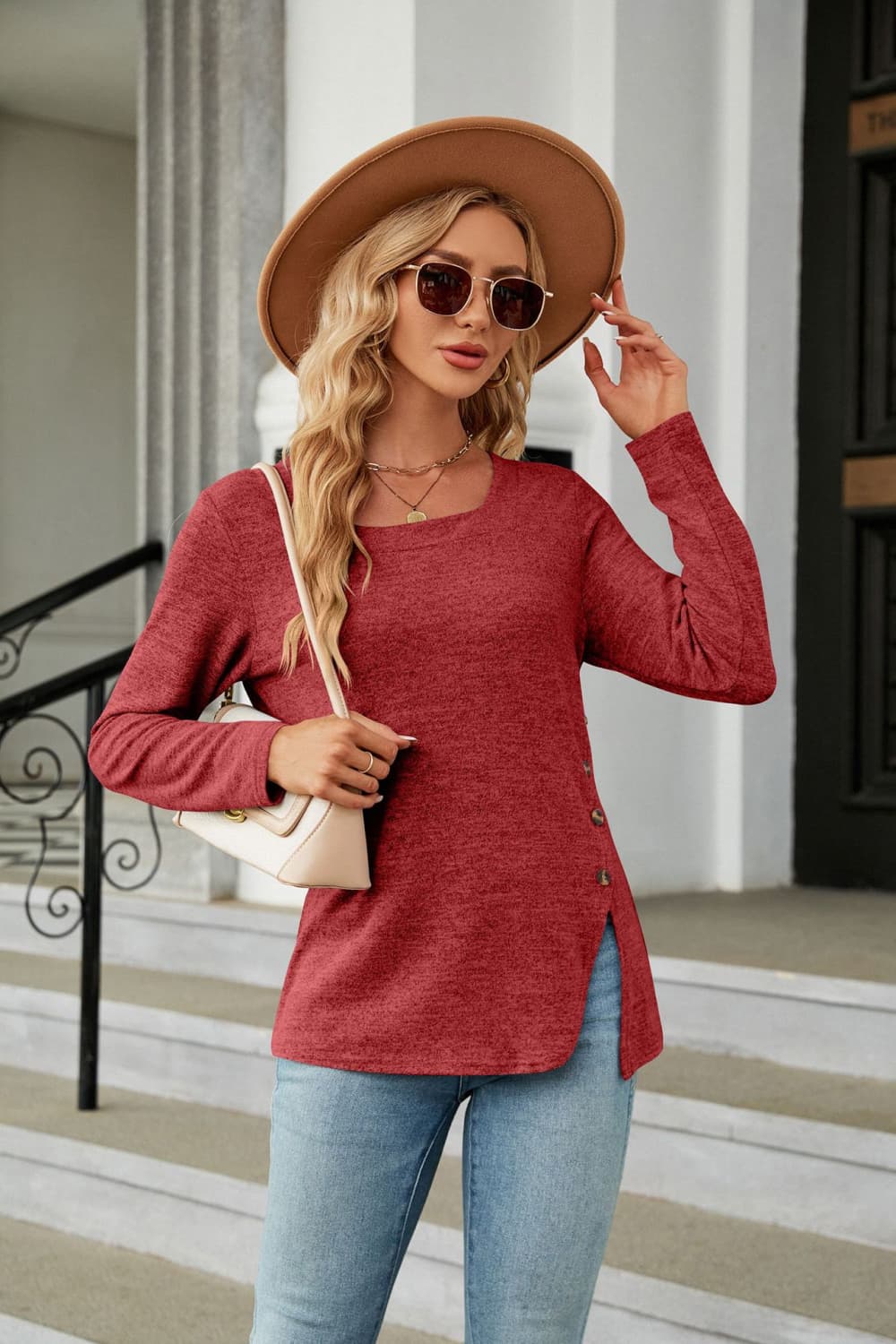 Full Size Square Neck Long Sleeve Slit T-Shirt