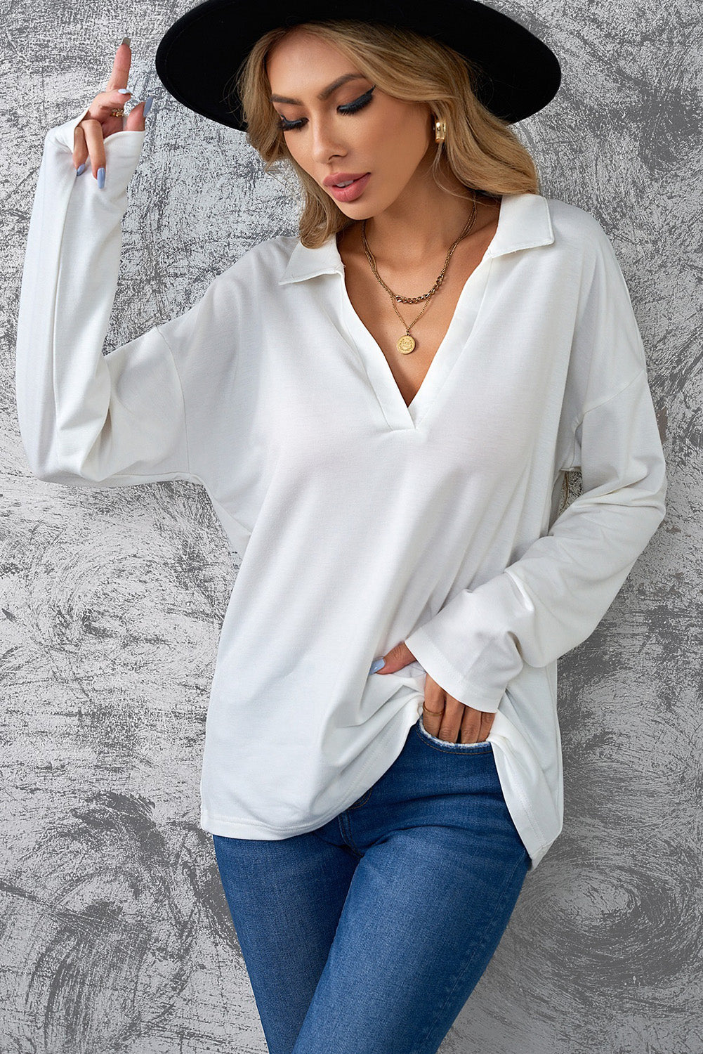 White Johnny Collar Dropped Shoulder Top