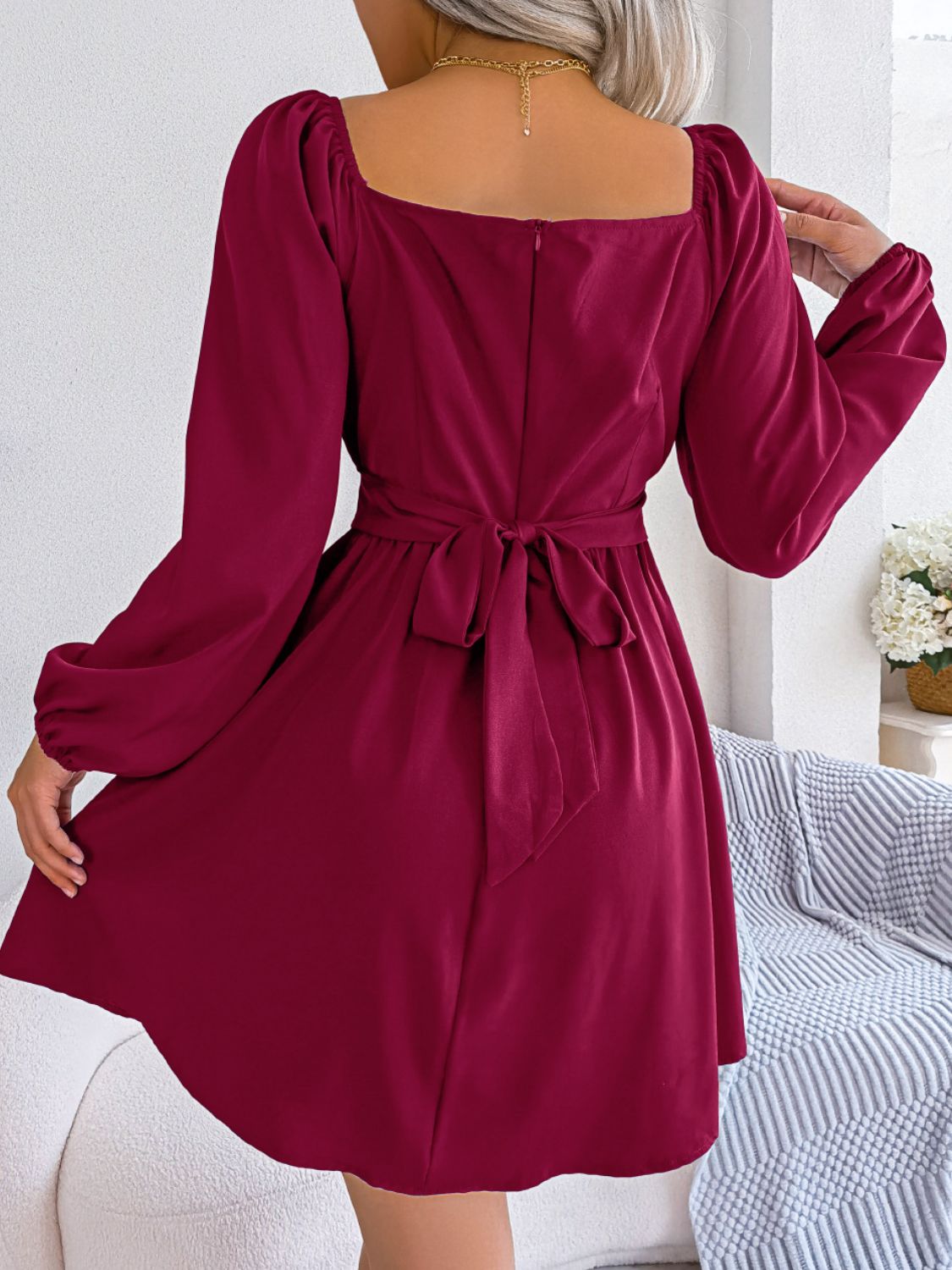 HANNAH MEA Tied Square Neck Balloon Sleeve Dress