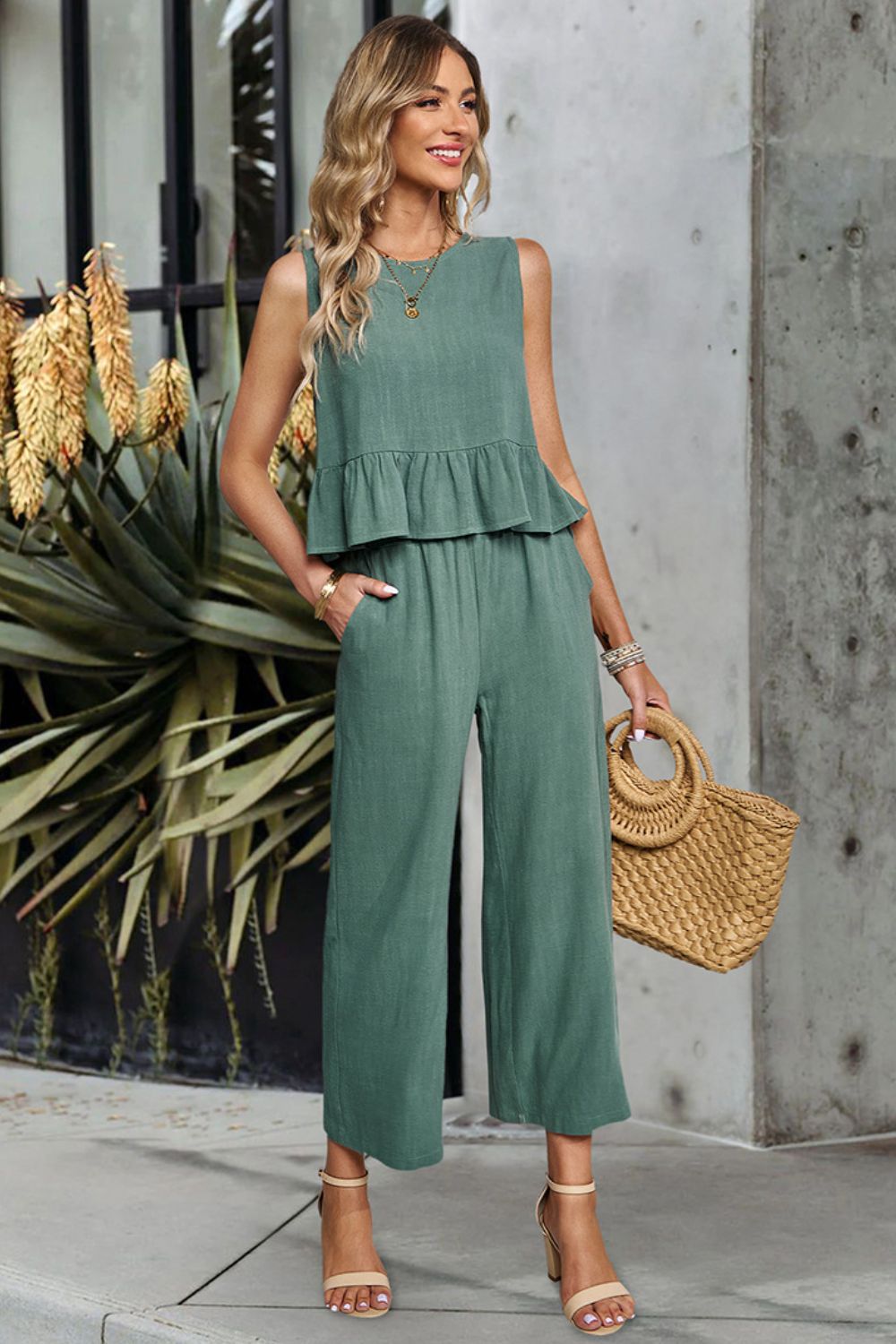 Women's STYLIN' Decorative Button Ruffle Hem Tank and Pants Set