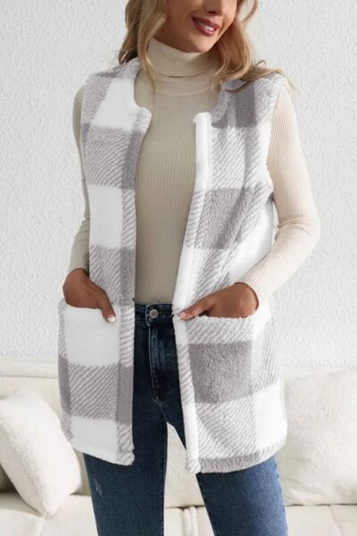 Shawnie Sherpa Plaid Open Front Vest Coat