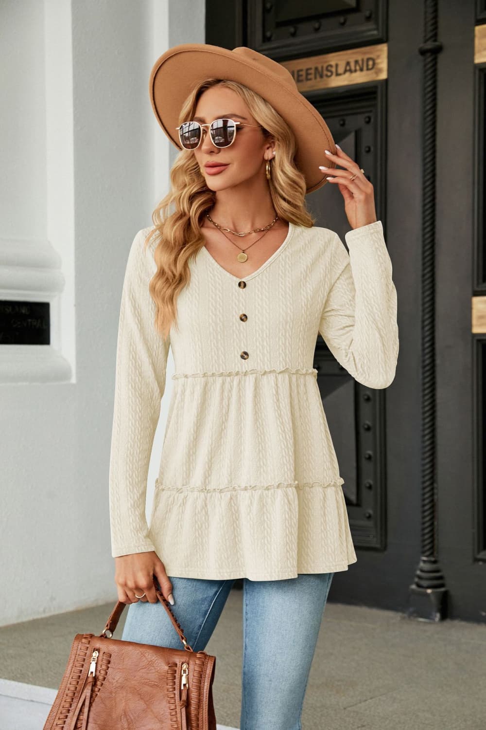 Full Size Long Sleeve V-Neck Cable-Knit Blouse