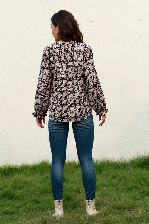 Black Floral Flounce Sleeve Round Neck Blouse