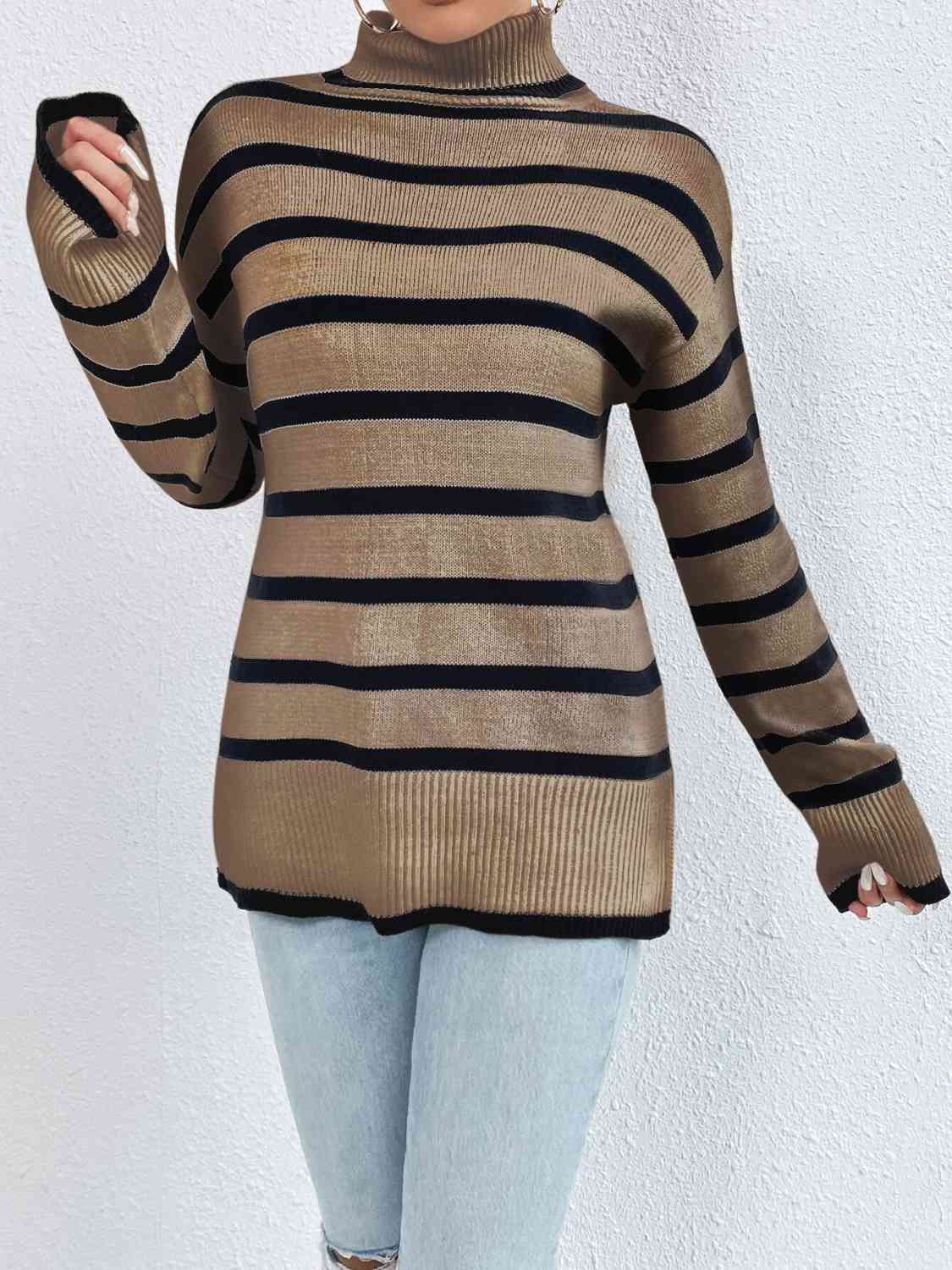 KnittedEmporium Full Size Striped Turtleneck Drop Shoulder Sweater