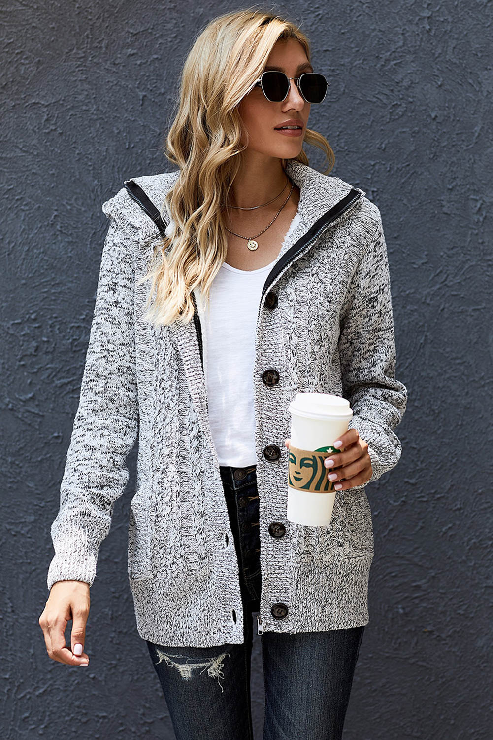 Women's Full Size Cable-Knit Fleece Lining Button-Up Hooded Cardigan