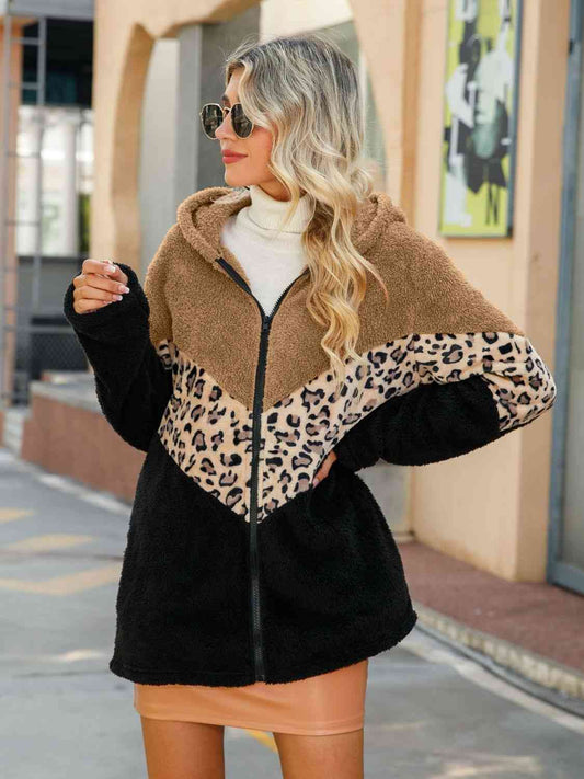 Leopard Color Block Hooded Teddy Jacket