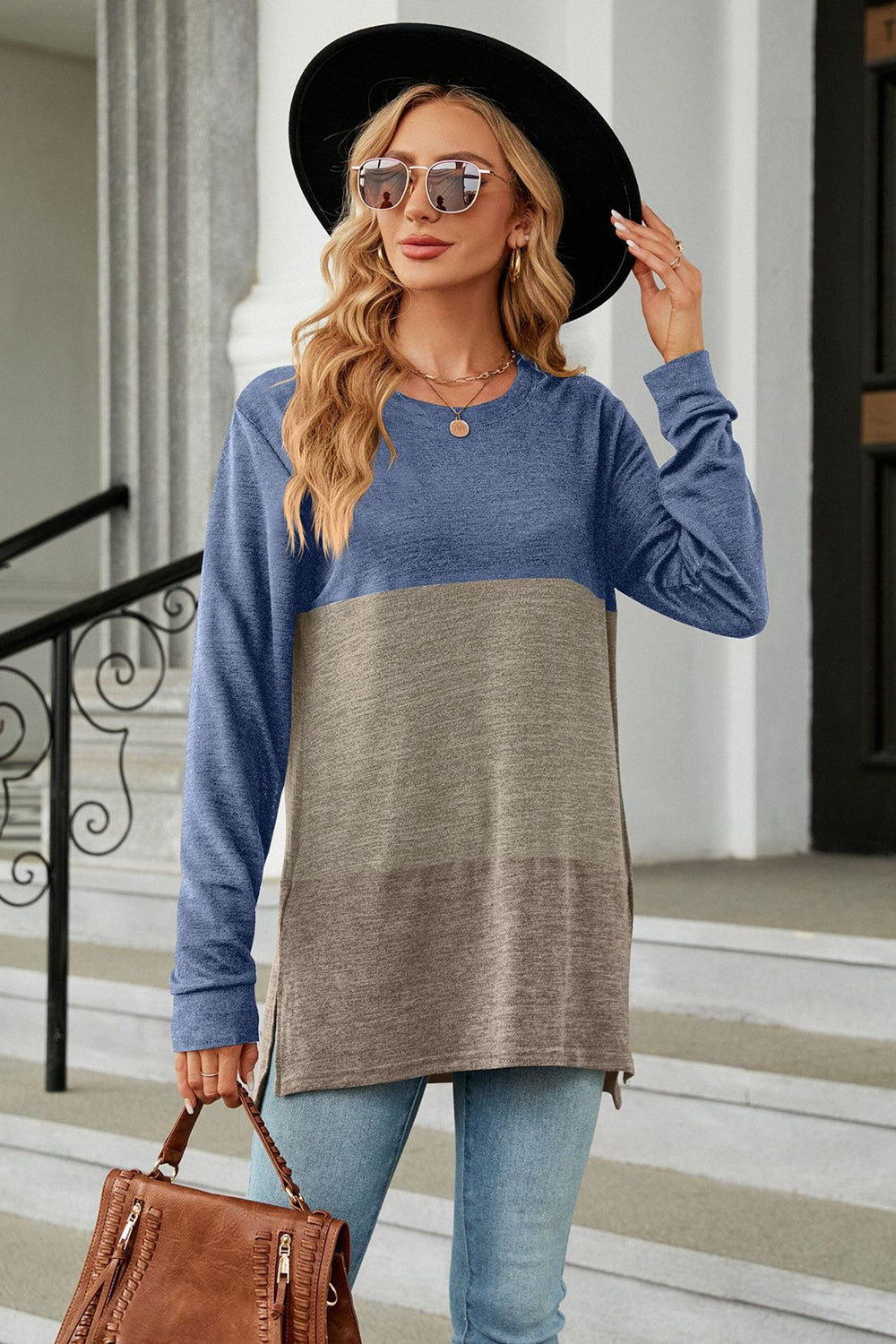 Full Size Color Block Round Neck Long Sleeve Slit T-Shirt