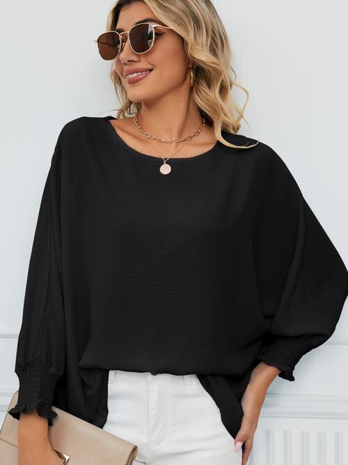 Smocked Lantern Sleeve Round Neck Blouse