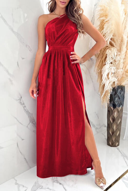 Savannah Lynn One Shoulder Slit Ruched Maxi Dress