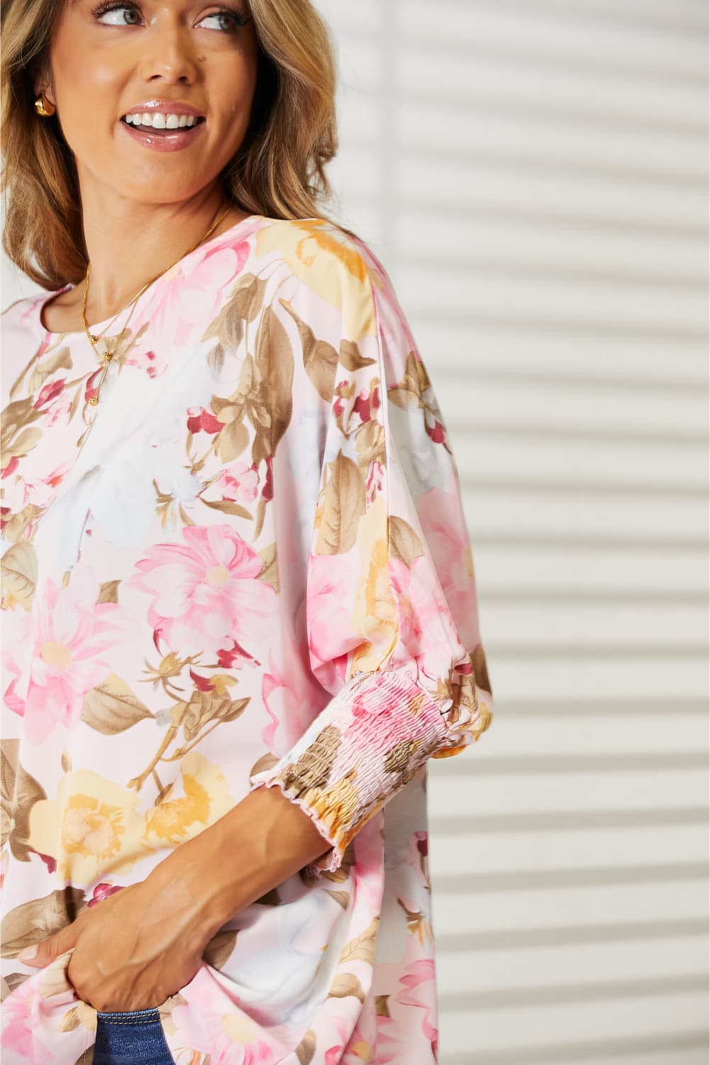 Double Take Blush Pink Floral Round Neck Three-Quarter Sleeve Top