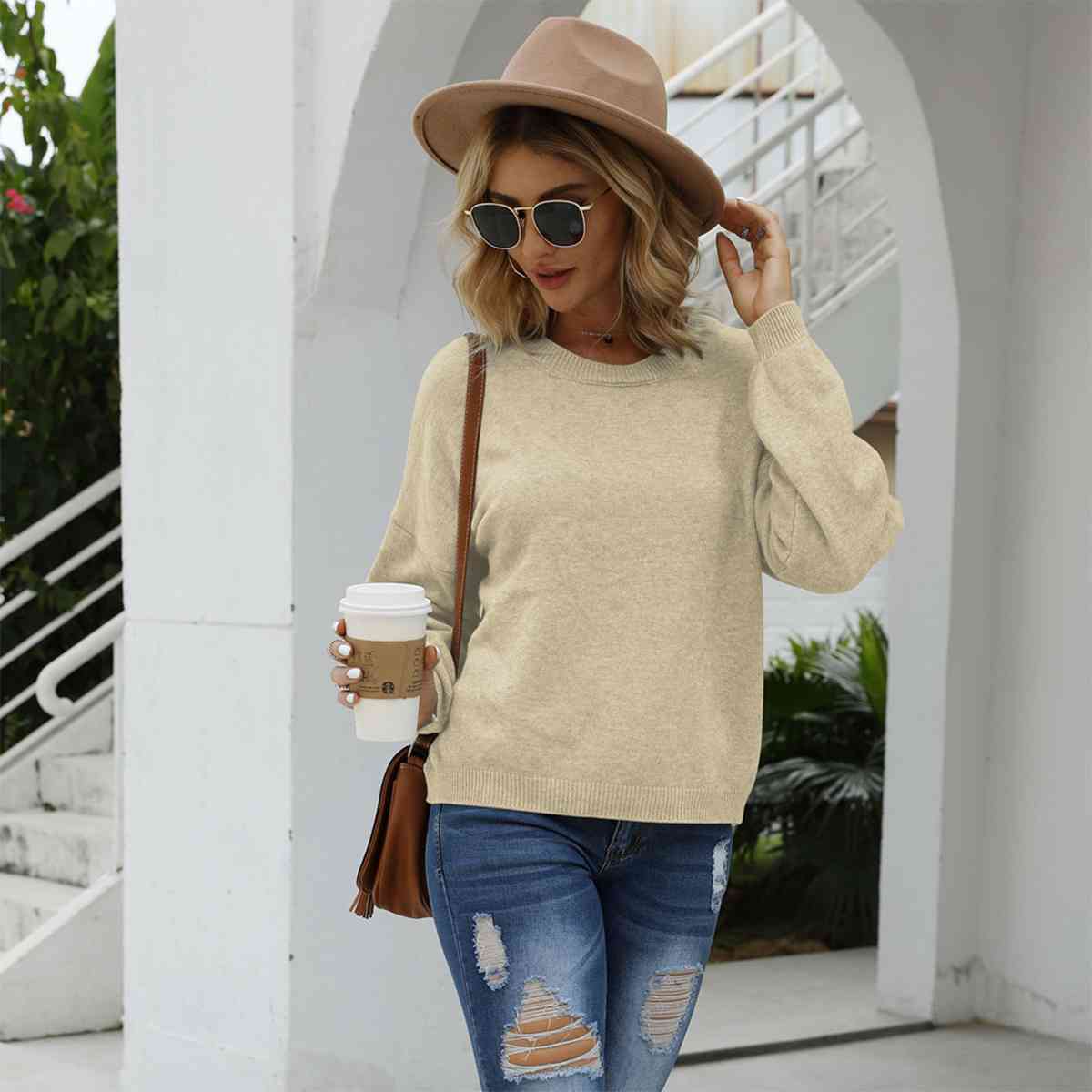 SnuggleTime Round Neck Long Sleeve Drop Shoulder Sweater