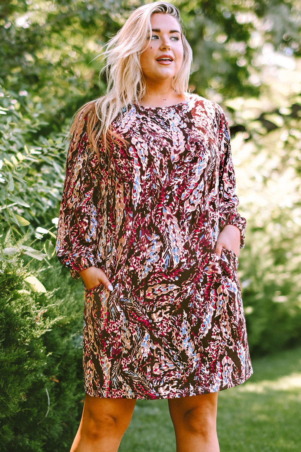 SOChic Plus Size Printed Round Neck Long Sleeve Mini Dress