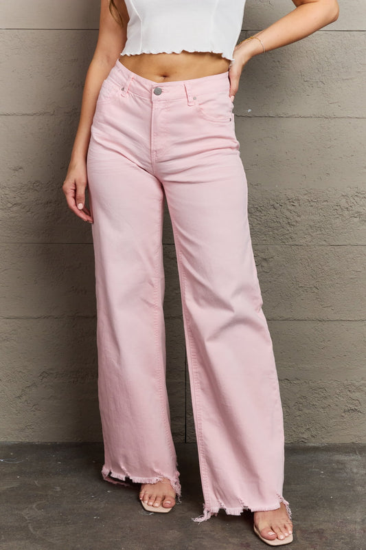 Malibu Dreams RISEN Raelene Full Size High Waist Wide Leg Jeans in Light Pink