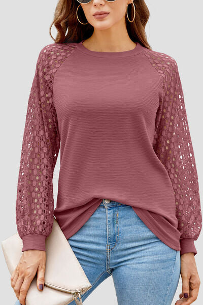 Full Size Adryane Jay Eyelet Round Neck Long Sleeve T-Shirt