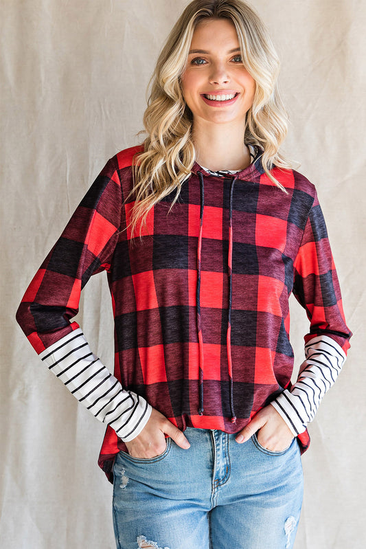 Full Size Plaid Striped Long Sleeve Hoodie