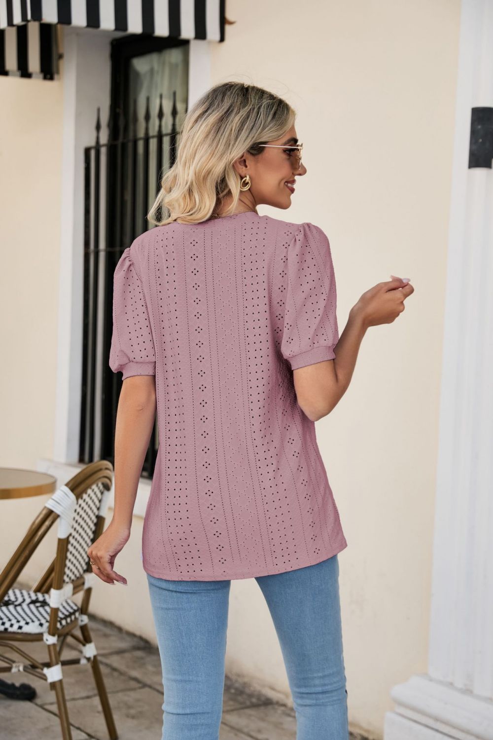 Full Size Eyelet Puff Sleeve V-Neck Top