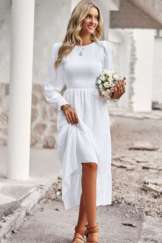 Women's Smocked Round Neck Flounce Sleeve Midi Dress