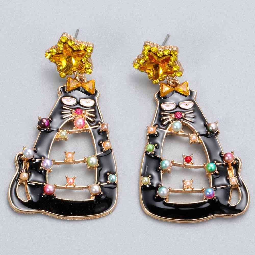 Rhinestone Alloy Christmas Cat Earrings