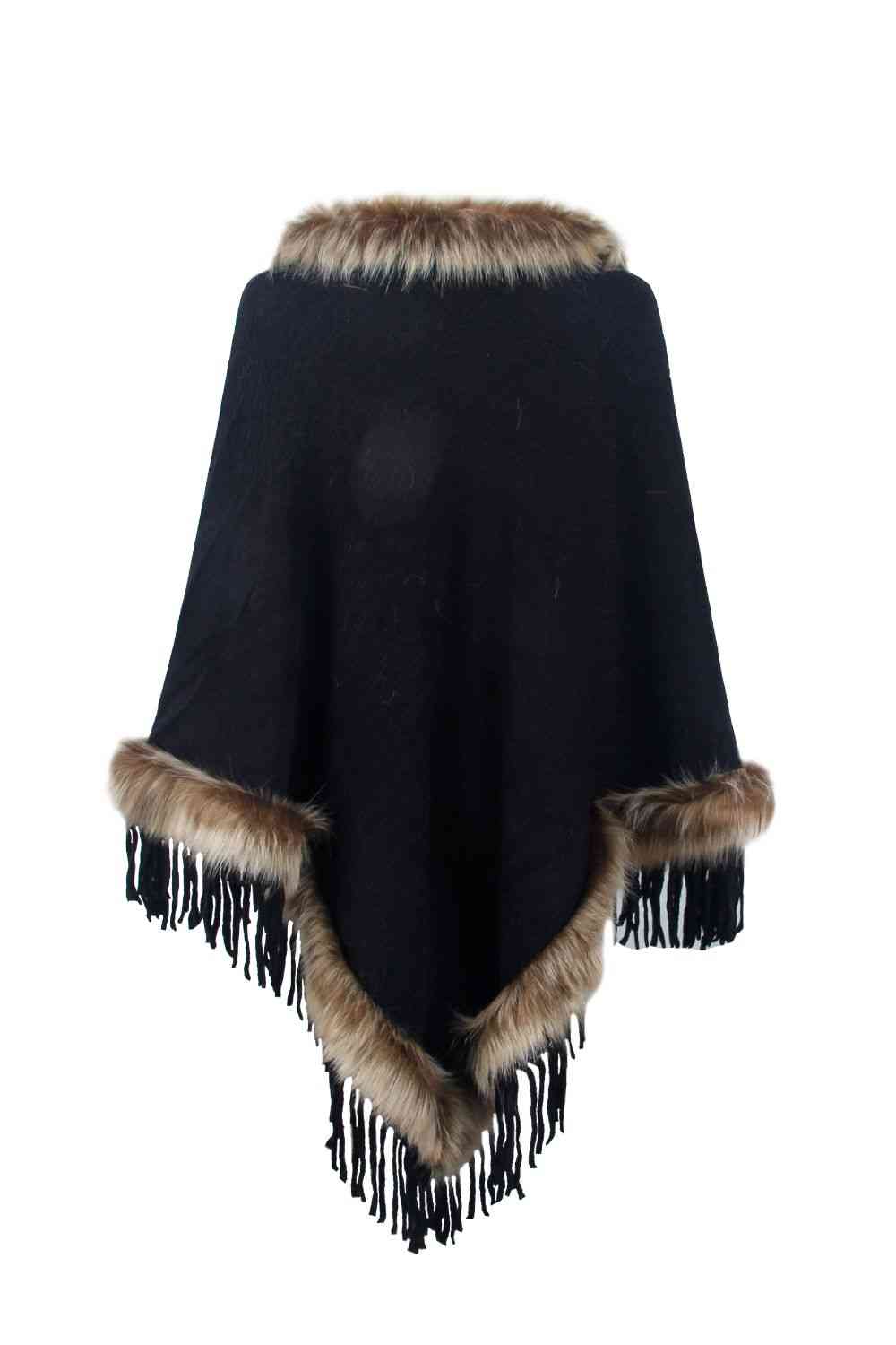 Country Rustic One Size Faux Fur Trim Fringed Poncho