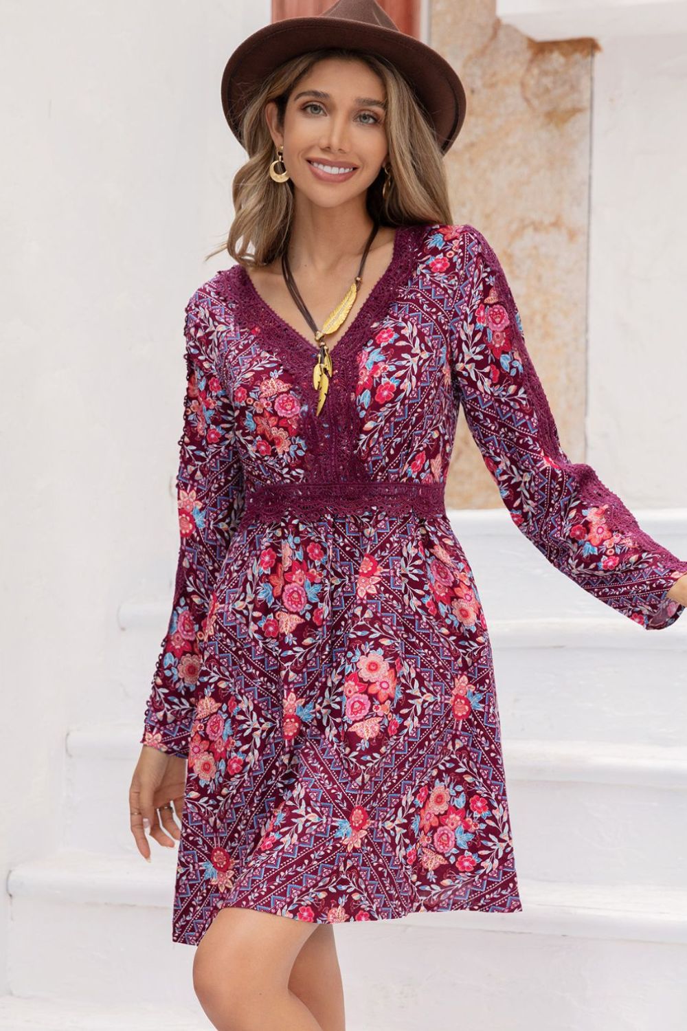 Purple V-Neck Long Sleeve Printed Mini Dress