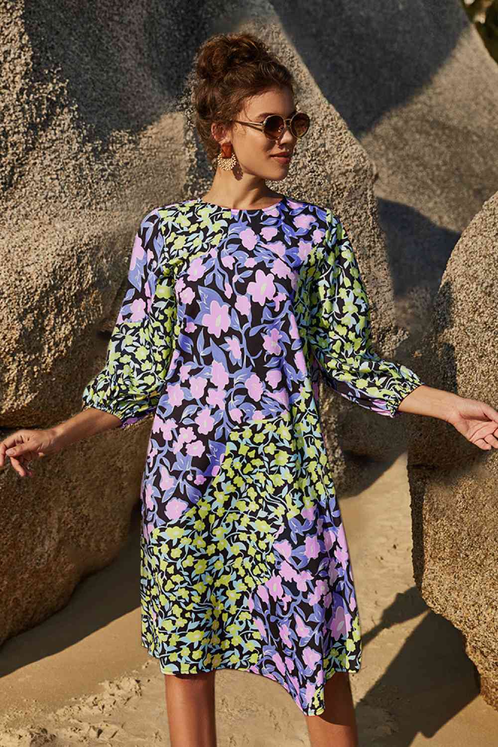 Purple-Green Floral Three Quarter Sleeve Dress