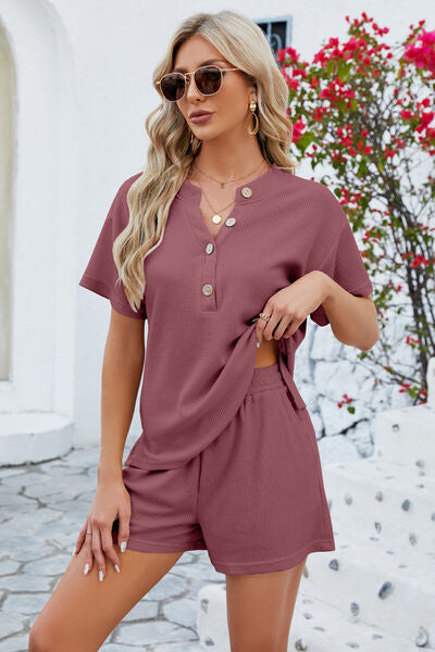 Adryane Jay Notched Button Detail Dropped Shoulder Top and Shorts Set