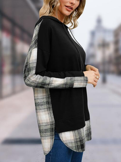 Jaylynn Plaid Drawstring Long Sleeve Slit Hoodie