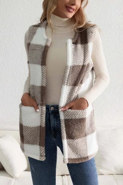 Shawnie Sherpa Plaid Open Front Vest Coat