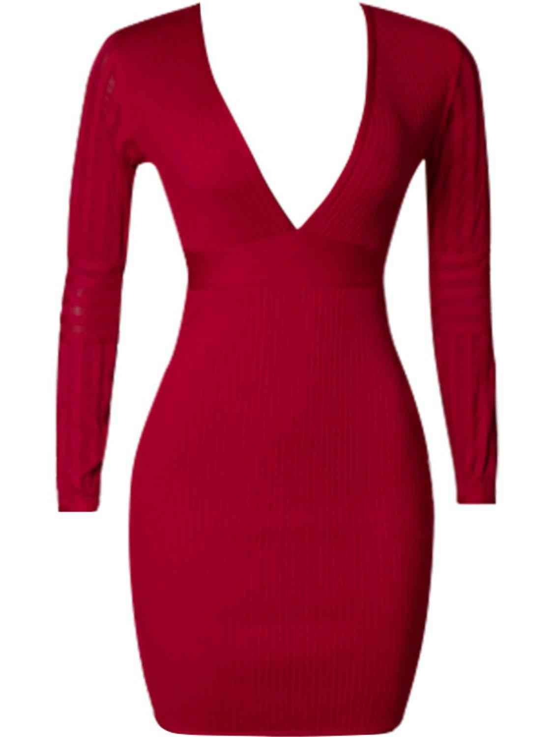 Women's Lucetta Ribbed Deep V Long Sleeve Mini Bandage Dress