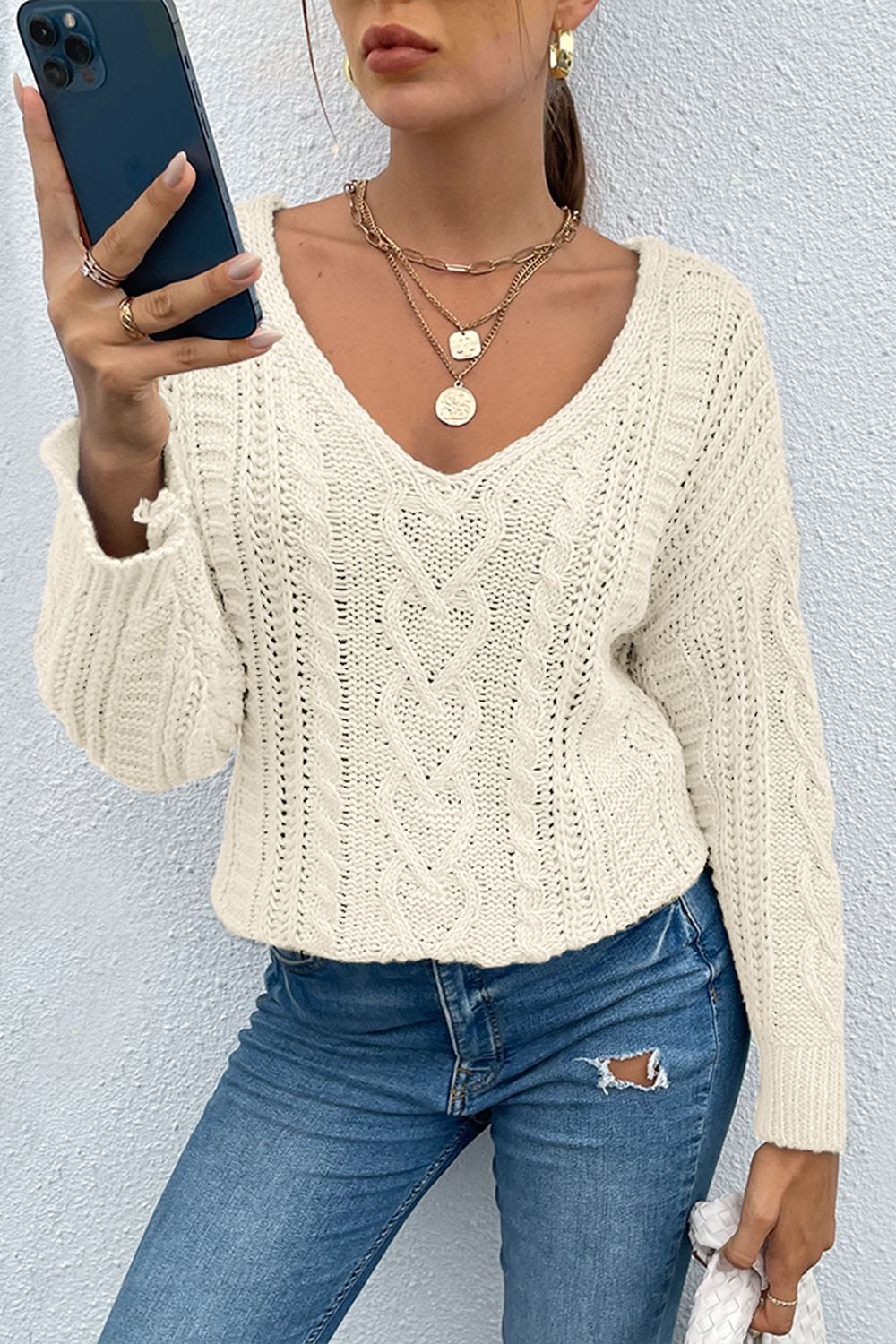 M&Matilda V-Neck Cable-Knit Long Sleeve Sweater