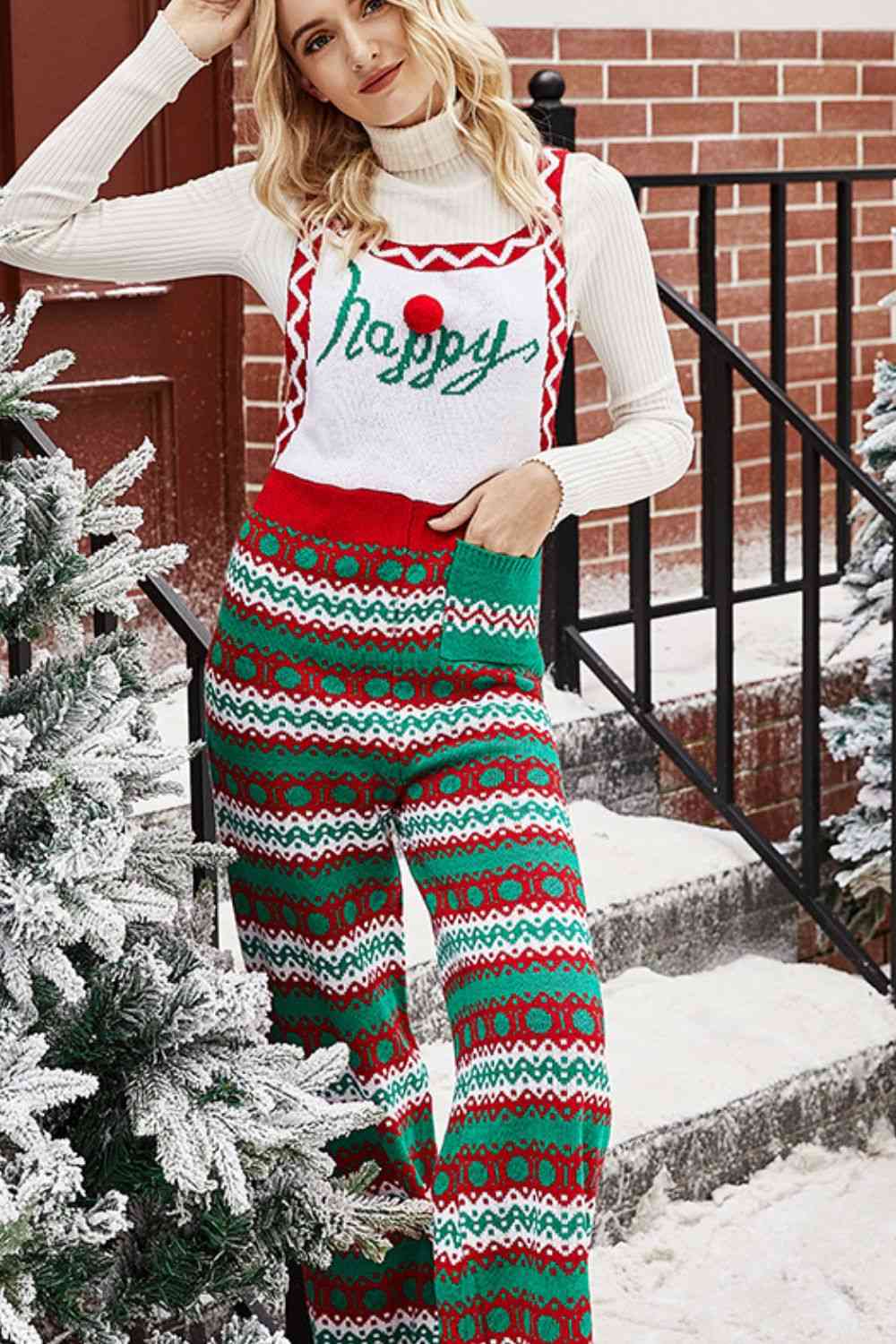 Women's Christmas Elf Knit Straight-Leg Overalls