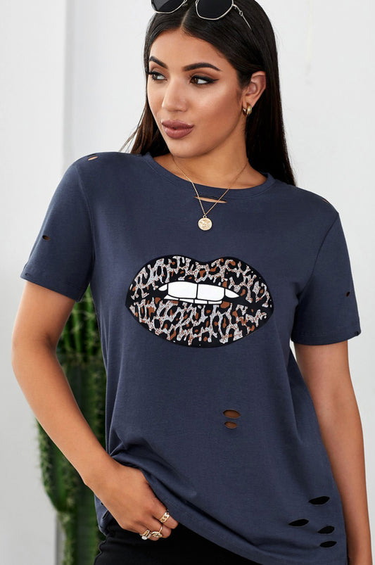 Women's Full Size Short Sleeve Leopard Lip Distressed T-Shirt