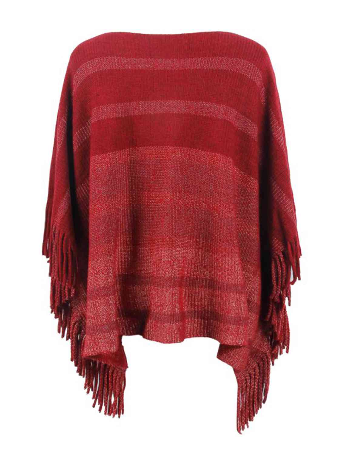 One Size Striped Boat Neck Poncho with Fringes