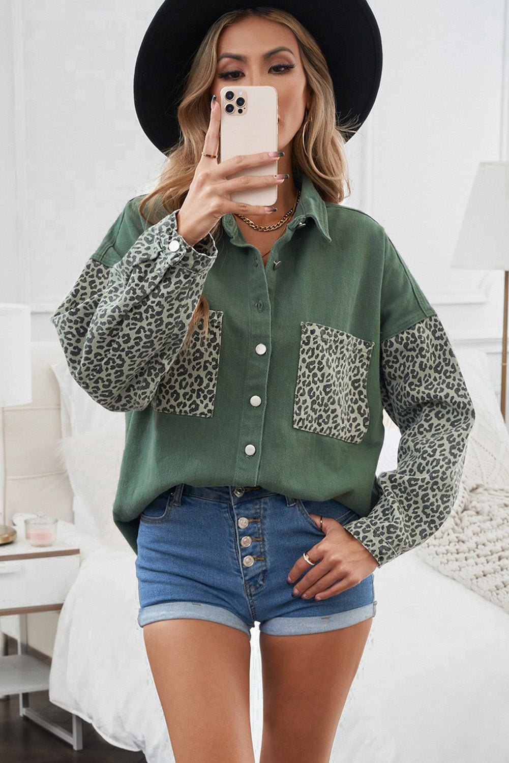 Women's Leopard Contrast Denim Top